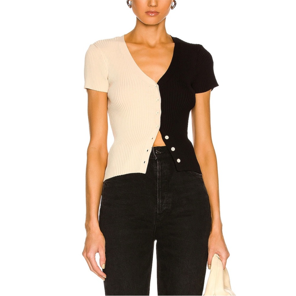 STAUD Black and Cream Ribbed Button-Down Shirt